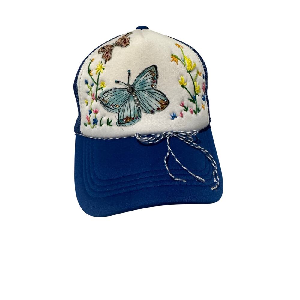 Hand Embroidered Butterfly Floral Trucker Hat